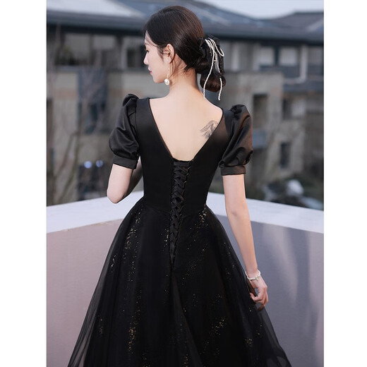 Seidler black little evening dress for women's banquet, light luxury niche high-end birthday and adult ceremony dress black XXL (recommended 126-135 Jin Jin equals 0.5 kg)