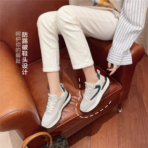 ZHR casual shoes women's retro stitching thick-soled Forrest shoes women's fashion reflective strips decorated women's shoes slimming and taller rice blue 38