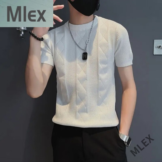 MLEX cool clothing individual store short-sleeved sweater men's slim knitted half-sleeved bottoming shirt round neck. T-shirt white (round neck) M (90-105Jin Jin equals 0.5 kg)