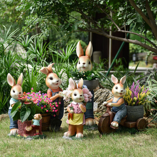 Yi Mingyuan courtyard decoration floor-standing simulation rabbit ornaments living room balcony crafts outdoor animal sculpture flower pot landscape combination 4