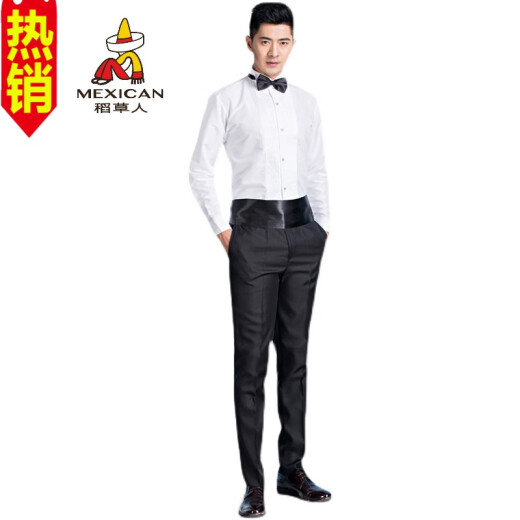 稻草人 男士演出礼服衬衫舞台表演红歌大合唱团男长袖白色修身衬衣伴郎男 白色 长袖+领结 37
