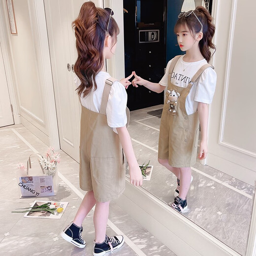 小咕嘟熊童装女童套装夏装中大儿童装休闲短袖两件套小女孩衣服背带裤服装 粉色 160