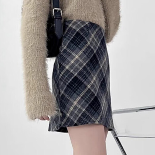 Yi Xin woolen skirt women's skirt short skirt plaid skirt A-line hip skirt high waist small person high-end 2025 new style blue gray plaid skirt L Recommended weight is about 110-125 Jin Jin is equal to 0.5 kg