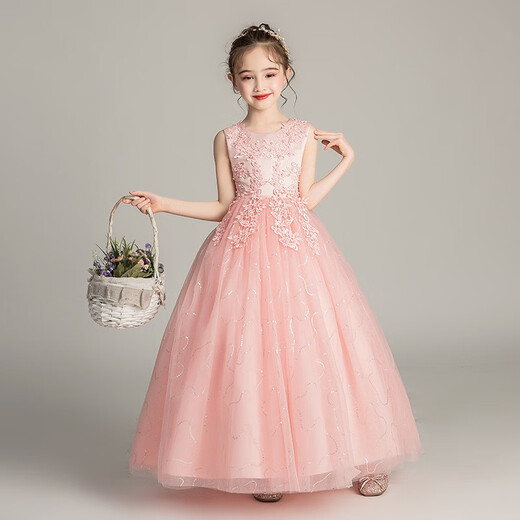 Dev Ake children's dress girl princess skirt host high-end piano performance evening dress little girl wedding summer big boy BX683 long sleeveless pink 120 (recommended 34-40 Jin [Jin equals 0.5 kg])