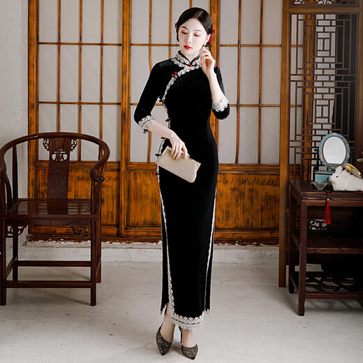 Should the cheongsam old Shanghai Chinese style spring and autumn new style retro temperament long three-quarter sleeves improved solid color gold velvet cheongsam purple 2XL