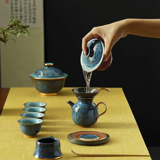 Langting Yafang Jun kiln Kung Fu tea set teapot complete set ceramic kiln glaze high-end home office Chinese style gift box Jun Yufu Emerald Sapphire 22-piece set