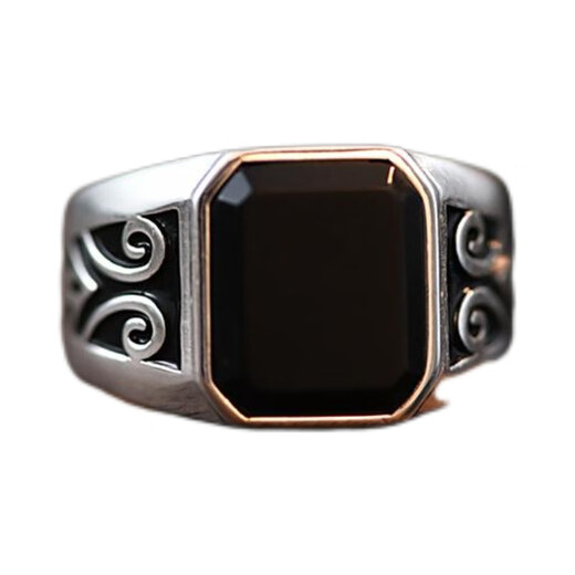 Fat Donglai quality men's black gemstone ring silver obsidian men's trendy personalized ring accessories retro domineering niche open ring (adjustment range 18#-24#)
