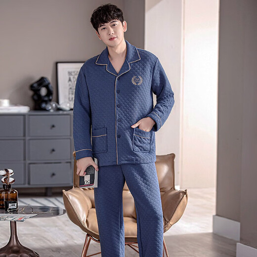 Yepan pajamas men's autumn and winter pure cotton thickened warm set cotton cardigan long sleeve loose large size mezzanine home clothing 1004-Blue Grid XL (175): Recommended 140-160Jin [Jin equals 0.5 kg] to wear