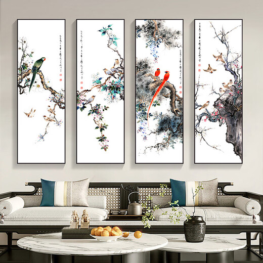 Manyu Qingsi Plum, Orchid, Bamboo and Chrysanthemum Living Room Decoration Painting Quadruple Tea Room Hanging Painting New Chinese Restaurant Sofa Background Wall Painting Ink Painting CY402 Plum, Orchid, Bamboo and Chrysanthemum 40*120cm*4 pieces Gold frame + shiny silver cloth