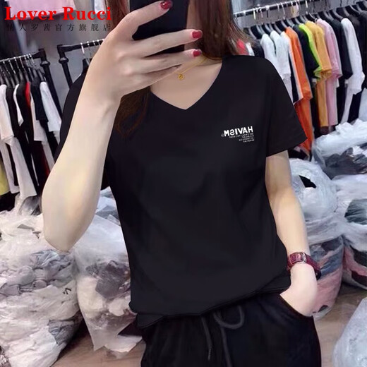 Liebhaber Rucci reines Baumwollschulter kurzärärmig V-Ausschnitt T-Shirt Frauen 2025 Sommer Neues lose Schlank