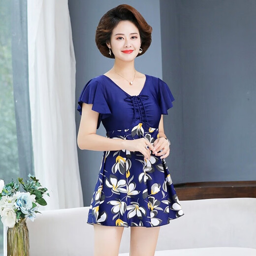Lu Geli Mom's hot spring swimsuit women's belly-covering slimming split conservative middle-aged and elderly loose hot spring style large size swimsuit Mom's swimsuit lily style XL 125-140Jin Jin equals 0.5 kg