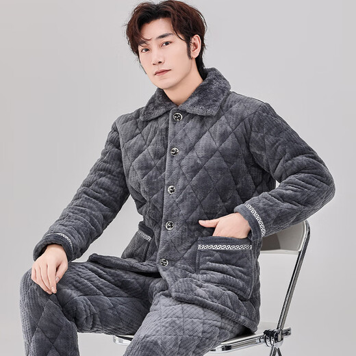 
Xuanduoqi pajamas men's three-layer thickened coral velvet cotton flannel warm home clothing set autumn and winter style C9903# black gray men [milk velvet] XL (125-145Jin [Jin equals 0.5 kg]) three-layer thickened