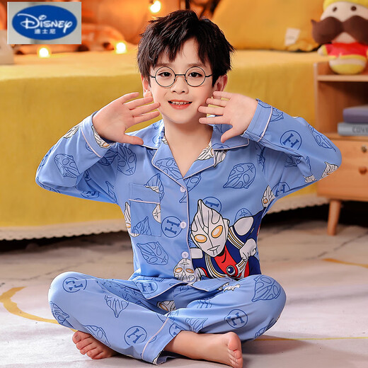 
Disney children's pajamas boys spring and autumn long sleeves pure cotton thin little boy cartoon Spider-Man dinosaur home suit Lapel G1048 plaid Ultraman 10 size [suggested height 105-115cm]