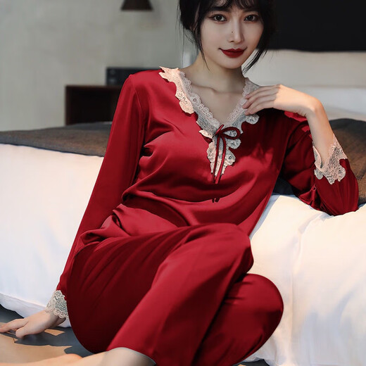 浅伊琳居睡衣女夏季长袖长裤冰丝两件套家居服性感丝绸仿真丝女士可爱套 长袖9856浅粉套 均码 80-100斤