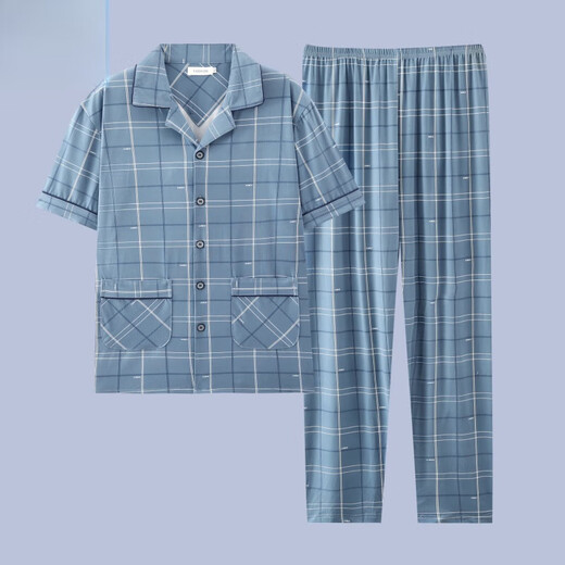 El nuevo pijama masculino de Catman, los pantalones de verano de verano de algodón de manga corta de manga corta para adolescentes, pueden usar trajes de ropa para el hogar G3881 pantalones de manga de manga azul 2XL [sugerido 140-160Jin [Jin equivale a 0.5 kg]]