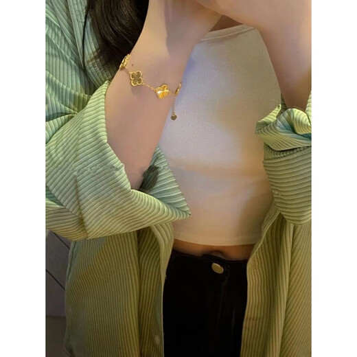 Five-flowered four-leaf clover bracelet new 24K gold women's 999 plain gold clover bracelet 3D hard four-leaf clover ring #6, about 4.2 grams