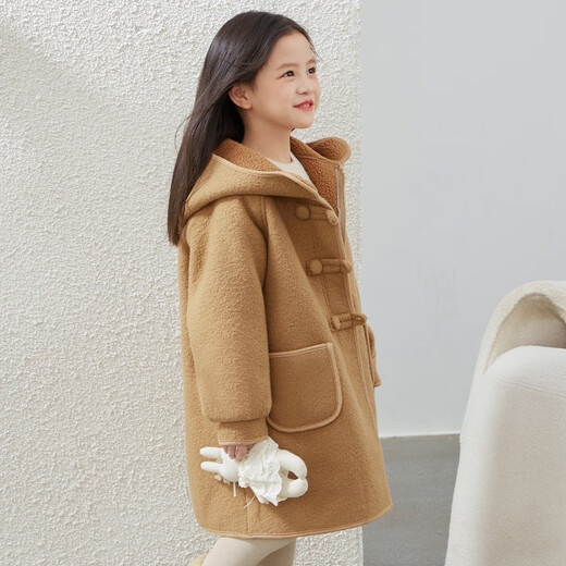图图小象女童连帽外套2025秋冬款皮毛一体简约风大衣中大童装中长款双面绒 卡其色 150 身高约150cm