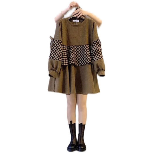 SANGJI (SANGJI) Spring and Autumn Top Splicing Plaid Design Fake Two-Piece Sweatshirt for Women Medium-Length Large Size Two-Piece Set for Pregnant Women Coffee + Adjustable Black Belly Supporting Trousers [Set] XXL [140-170Jin [Jin equals 0.5 kg]]