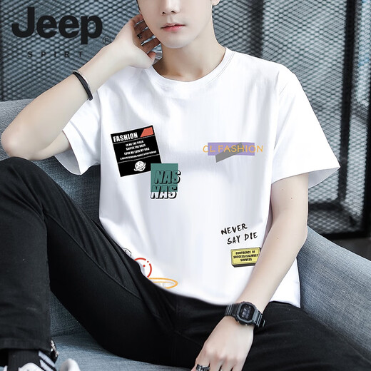 JEEP SPIRIT青年学生短袖t恤男夏季薄款宽松打底衫百搭男士潮牌纯棉男上衣服 HG-9902黑色 2XL