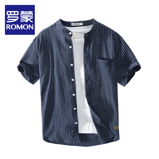 
Romon pure cotton striped short-sleeved shirt men's stand collar white loose breathable short-sleeved casual inch shirt round neck Japanese trendy YY9721 sky blue lapel L