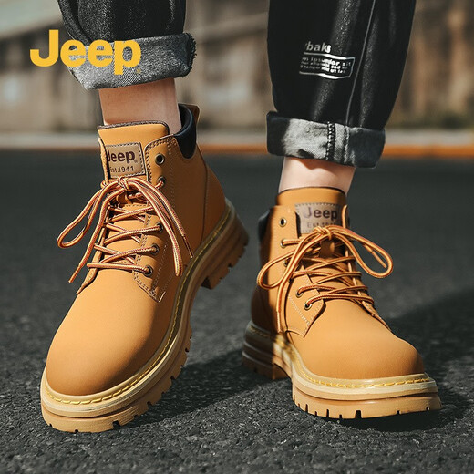 吉普（JEEP）马丁靴男春秋新款复古美式工装靴二层牛皮耐磨踢不烂大黄靴 金黄色（皮鞋码） 42 (260mm)