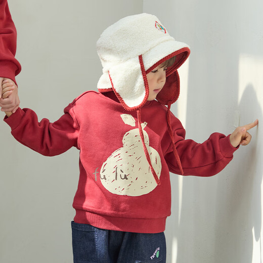 Papa velvet winter children's parent-child sweatshirt jacquard round-neck parent-child velvet top new year beige - children's style 90 cm