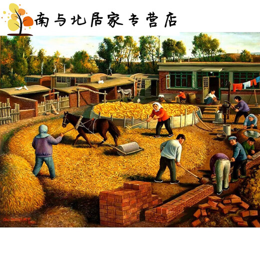 自粘饭店装饰画贴画东北民俗画 农家院挂画 北方农村田园农民丰收 墨绿色Z1049 油画布(一张画芯)30x40厘米单张