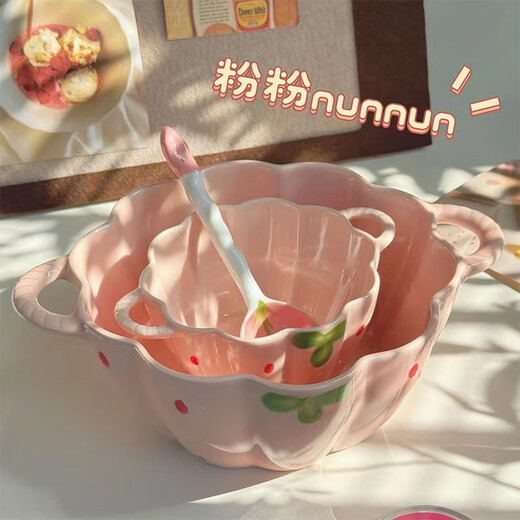 Persson double-ear ceramic bowl with spoon set soup bowl noodle bowl high-looking breakfast bowl Strawberry Duoduo 6-inch bowl with spoon