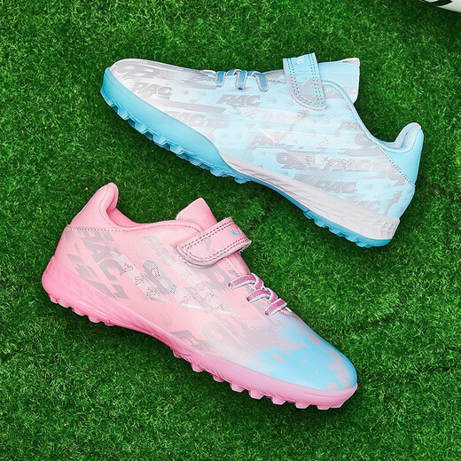 FEELACES football shoes TF broken nails small size Velcro training sneakers for boys and girls training young students exam competition 6195 Yuanyang pink moon broken nails 35 standard sports shoe size