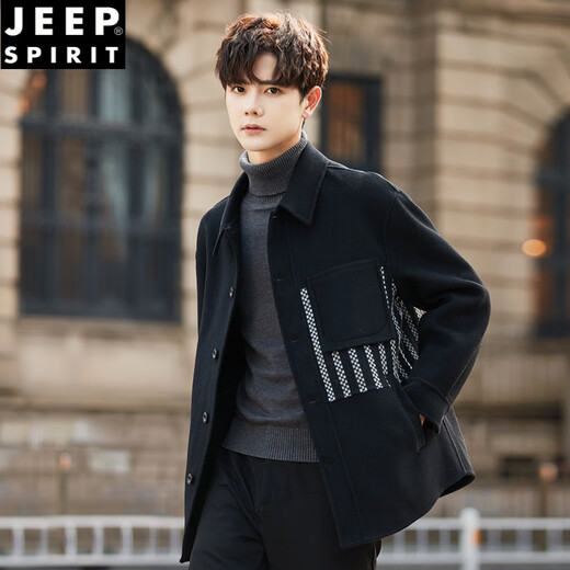 JEEP SPIRIT Double-sided Velvet Jacket Men's Woolen Woolen Coat Short Autumn and Winter 2025 New Lapel Jacket Thickened 8355 Style Black (Main Image Video Style) M (125Jin Jin is equal to less than 0.5 kg)