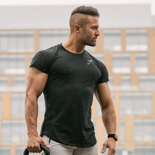 FCFV muscle lifting bodybuilding new bodybuilding shark T-shirt solid color tight elastic short-sleeved men quick-drying training suit top gray (real blue gray) M