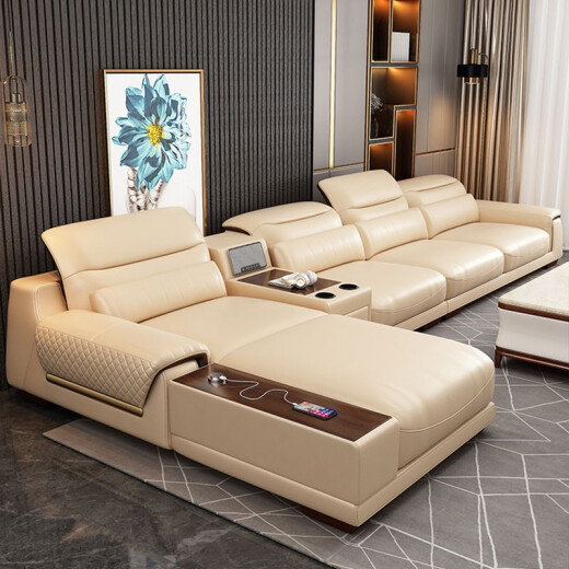 Oubaiyile leather sofa modern simple first-layer cowhide living room large and small apartment villa Nordic style imperial concubine combination complete furniture double + single + footrest + expensive + side table