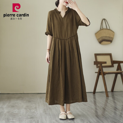 皮尔卡丹（pierre cardin）棉麻苎麻连衣裙2024夏装新款中年妈I妈宽松洋气亚麻气质V领长裙子 咖色/中长款/欧货/女装/时尚/遮 XL