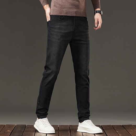 Jeep Spirit Jeans Herren Frühling und Herbst neue koreanische Stil Trendy Brand Elastic Slim Fit Vielseitige kleine Füße plus Samt verdickte lange Hosen Männer 1048 Black Grey plus Samt 28