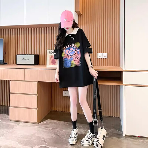 Feili Mussannes neuer Sommer-Polo-Hals-Kurzärmel-T-Shirt für Frauen im faulen Stil mit mittlerer Länge von Frauen, lose, schlampig halbärmelte Top 841 White L [vorgeschlagen 110-140jin [Jin gleich 0,5 kg]]]