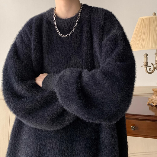 KIEXI毛衣男加厚秋冬季外套高级感痞帅加厚圆领针织衫慵懒风美式宽松 黑色 L【建议115-130斤】