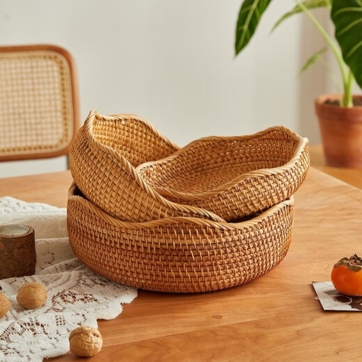 Jiaren Tiancheng rattan fruit basket, Vietnamese bamboo storage basket, living room round woven fruit plate, straw woven steamed bun basket tray product, wavy edge large size 28 9