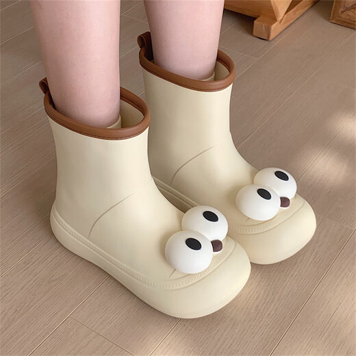 Brouilles minces (xixitiao) Chaussures de pluie de dessins dessins mignons laids pour les femmes portant des chaussures d'eau pour adultes pour les étudiants à l'extérieur, des chaussures en caoutchouc de jour de pluie antidérapantes antidérapantes, brun jaune crème 36-37