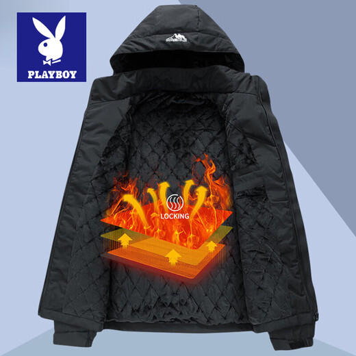 Playboy Jacket Men's Autumn and Winter Work Jacket 2025 Winter Thickened Hooded Jacket Business Casual Men's Top Black Velvet Style XL (Recommended 125-140 Jin Jin equals 0.5 kg)