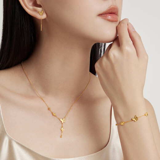 Chow Tai Fook tassel butterfly solid gold earrings (labor cost 220) about 1.6g EOF1051 birthday gift