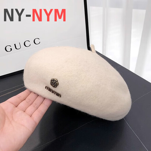 NY-NYM Korean style woolen beret women's autumn and winter large head circumference versatile octagonal hat Japanese style literary and artistic little painter hat off-white min beret