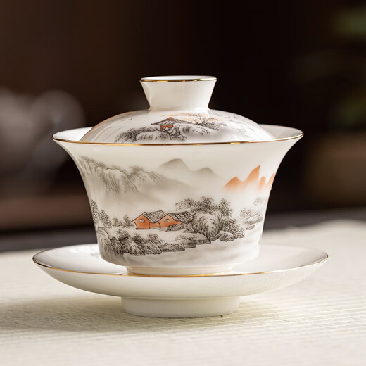 Gold inlaid jade mutton fat jade porcelain Kung Fu tea set Household ceramic white porcelain teapot tea cup tea set gift box Xishi pot ink river goat fat jade porcelain set