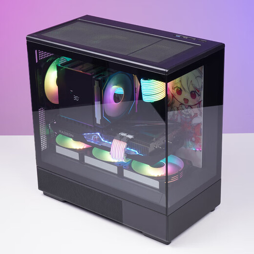 爱国者星璨岚 星璨小岚海景房机箱无立柱全景侧透高颜值电竞游戏台式机电脑主机箱MATX/240水冷 黑色+极光ARGB风扇（4正3反）