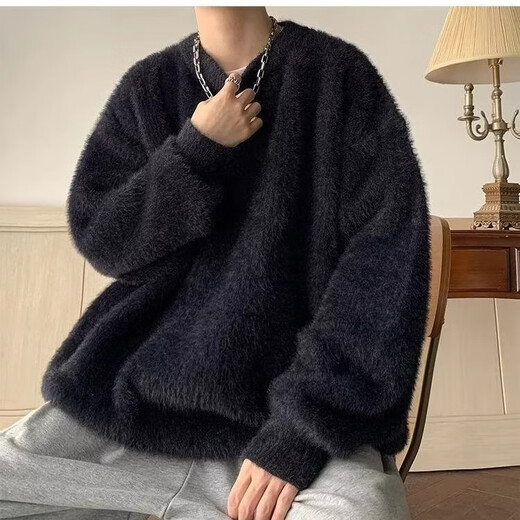 KIEXI毛衣男加厚秋冬季外套高级感痞帅加厚圆领针织衫慵懒风美式宽松 黑色 L【建议115-130斤】