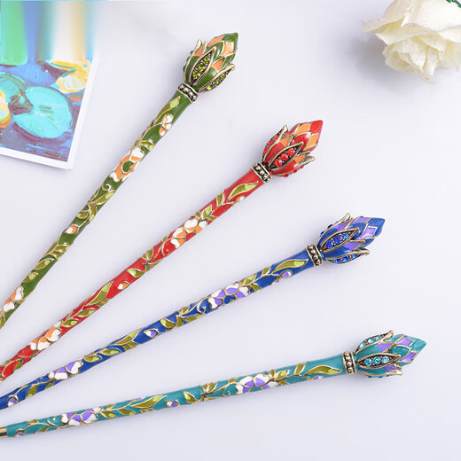 LEMIAO Cloisonné Lotus Hanfu Hairpin Women's Hairpin Alloy Jewelry Women's Hairpin Hairpin Women's Chinese Valentine's Day Gift Red