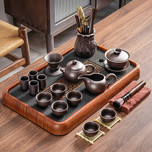 Xiangye Zisha Kung Fu Tea Set Light Luxury High-end Home Office Reception Ceramic Tea Bowl Teacup Tea Tray Black Zisha Xishi Pot 11-piece Set + Rosewood Color Palette