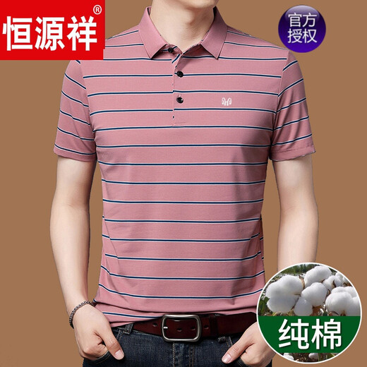 恒源祥高档短袖T恤男夏季中年爸爸装大码商务休闲纯棉条纹翻领保罗衫男 HFX693蓝色 L 170【120-140斤】