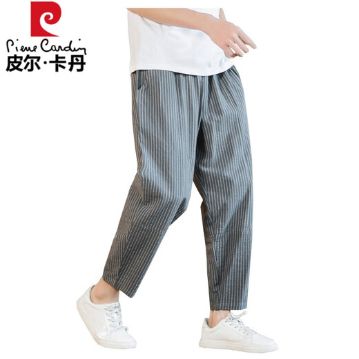 皮尔卡丹（pierre cardin）国风条纹棉麻男士裤子夏季轻薄宽松九分裤复古直筒哈伦亚麻休闲裤 灰色 XL 【适合135-145斤】