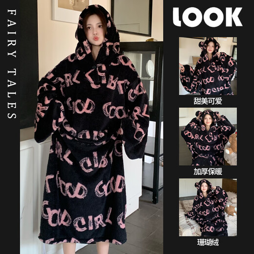 XiANGyaxin Coral Velvet Cabinage de nuit pour les femmes en automne et hiver en velours épaission Carton de pyjamas mignon Long Champion de nuit Loose Home Vêtements 673 Pink Leopard Print L 110-130Jin [Jin est égal à 0,5 kg]