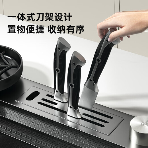 Jomoo kitchen sink with knife holder large single slot nano stainless steel thickened above and below the counter wash basin household dishwashing sink set package E-top version (Raindance pull-out faucet) 680*460